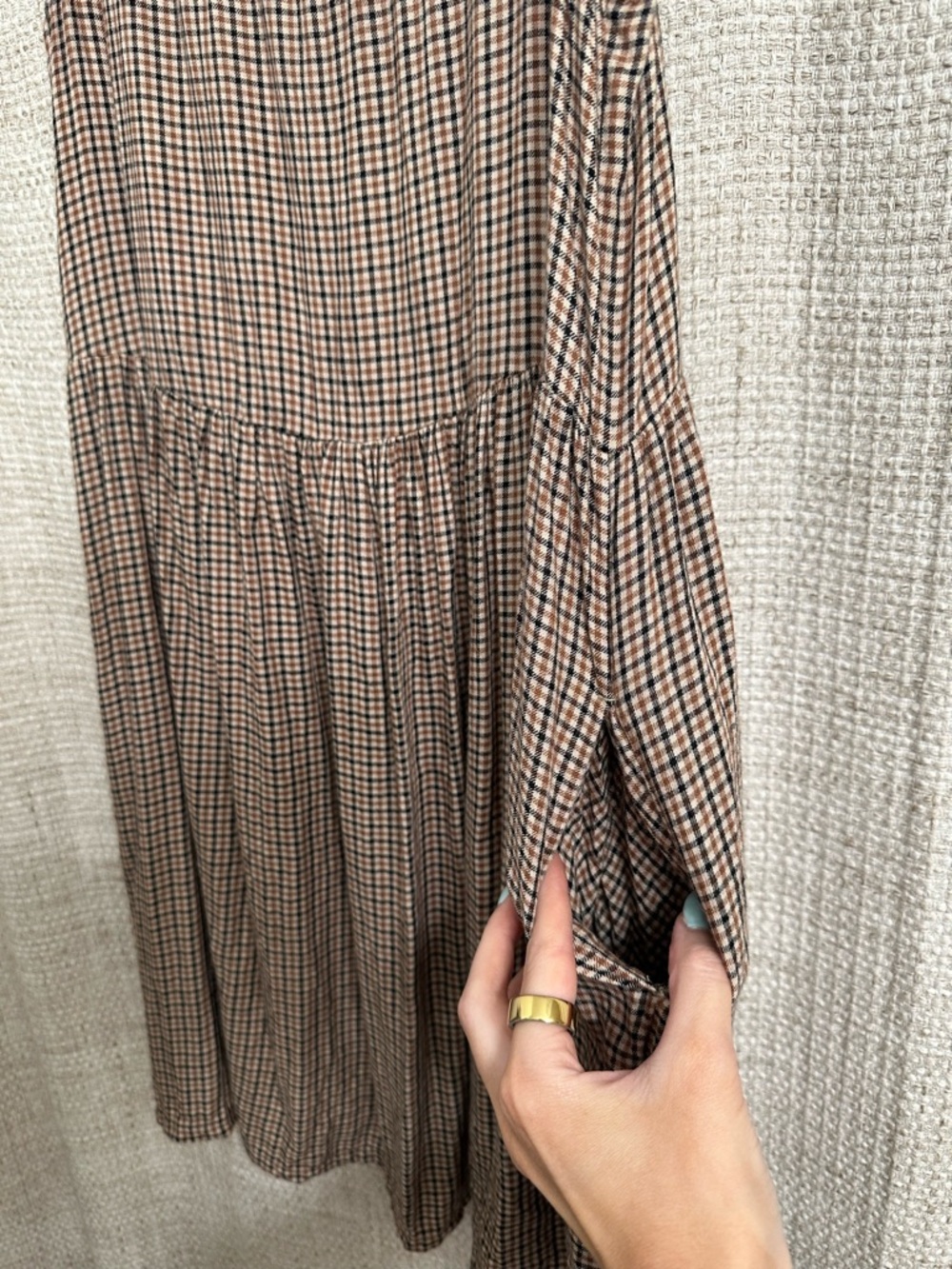 Plaid Babydoll Sleeveless Dress Pockets Brown Tan Neutral Academia Cottagecore - Picture 6 of 8